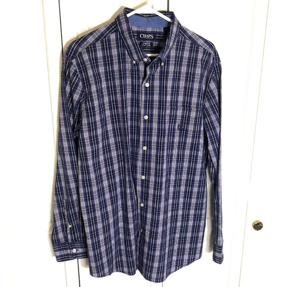 CHAPS Men's L/G Purple Blue Plaid Button-Up Shirt Stretch Easy Care Long Sleeve - Picture 1 of 6